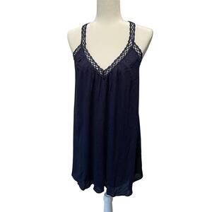 Lush I'm Impressed Mini Dress Sz S Crochet Lace Straps T-Strap Back Lined Navy